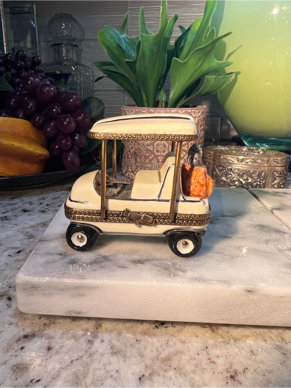 Limoges Cream and Gold Golf Cart Trinket Box No flaws!